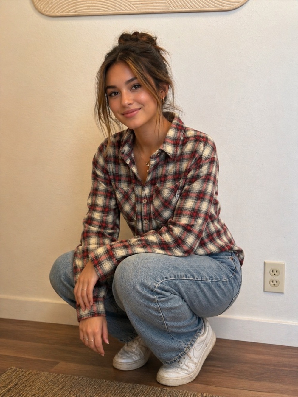 BDG Red, Cream & Black Plaid Flannel Shirt